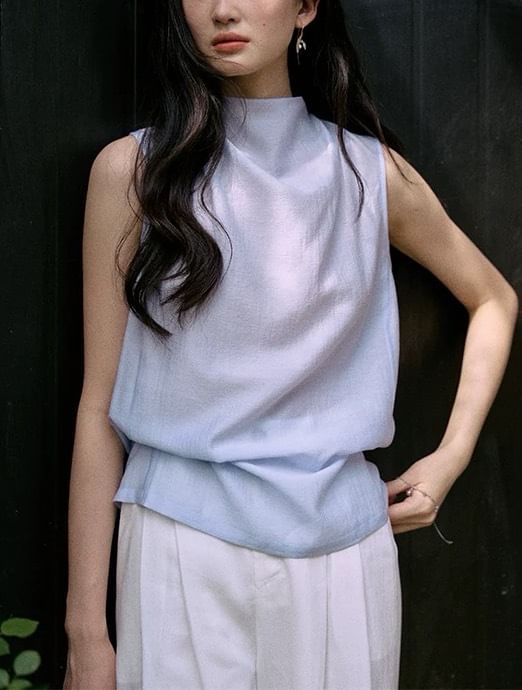 Mock Neck Blouse Sleeveless Plain