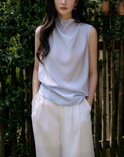 Mock Neck Blouse Sleeveless Plain