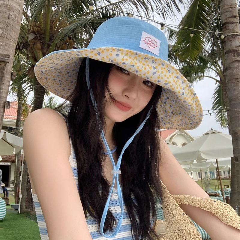 Print Applique Heart Floral Sun Hat