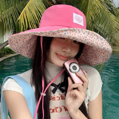 Print Applique Heart Floral Sun Hat