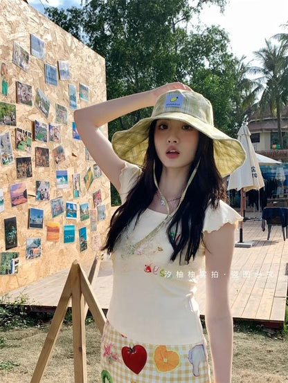 Lemon Plaid Hat Applique Sun