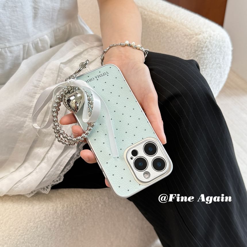 Dotted iPhone Case / Bow Heart Metal Bead Phone Strap / Set