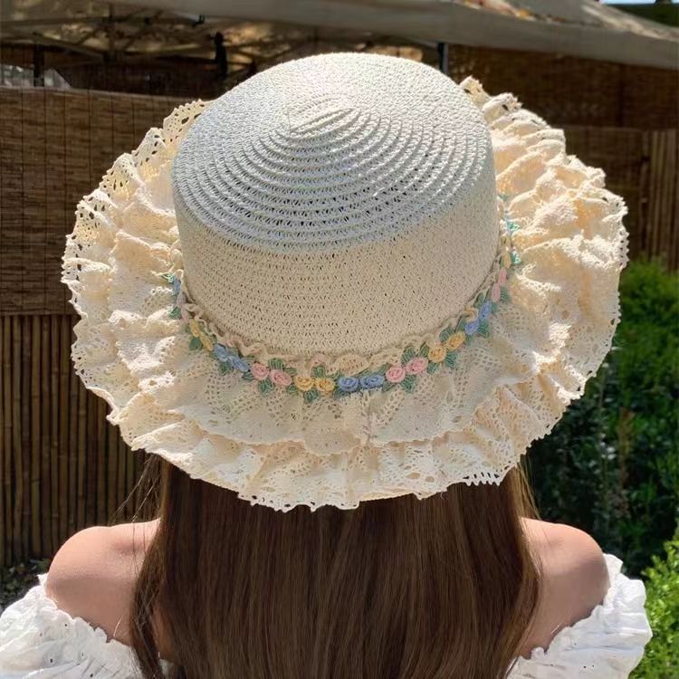 Straw Lace Floral Trim Hat