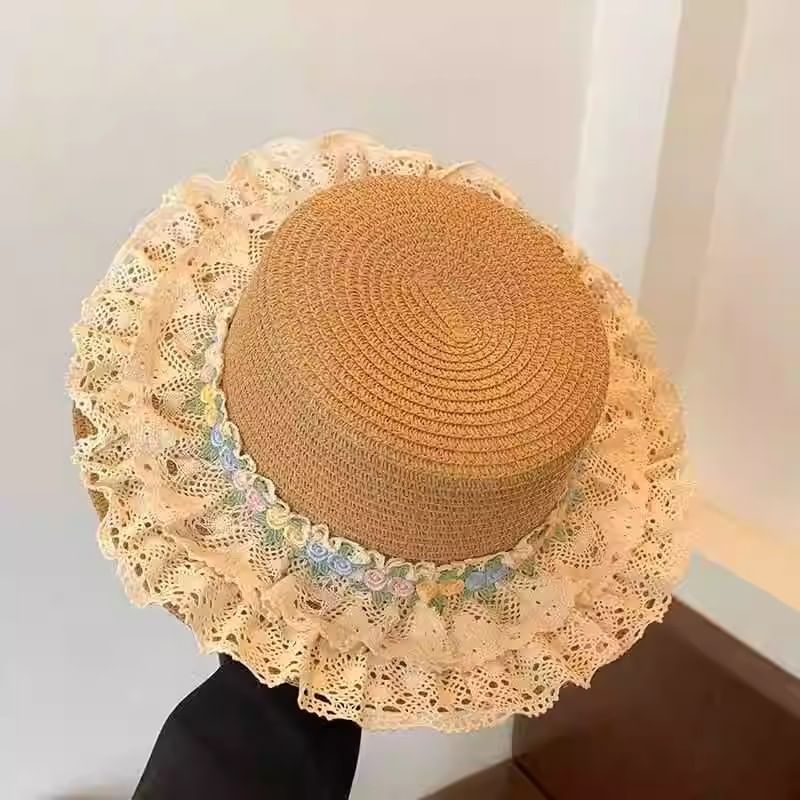 Straw Lace Floral Trim Hat