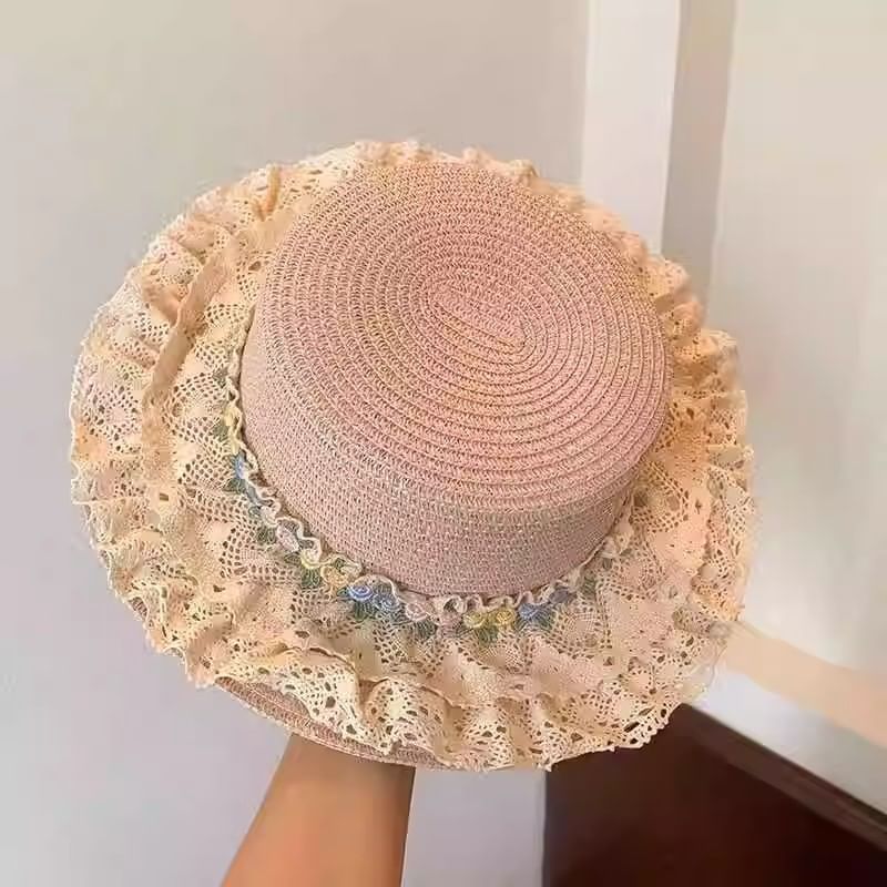 Straw Lace Floral Trim Hat