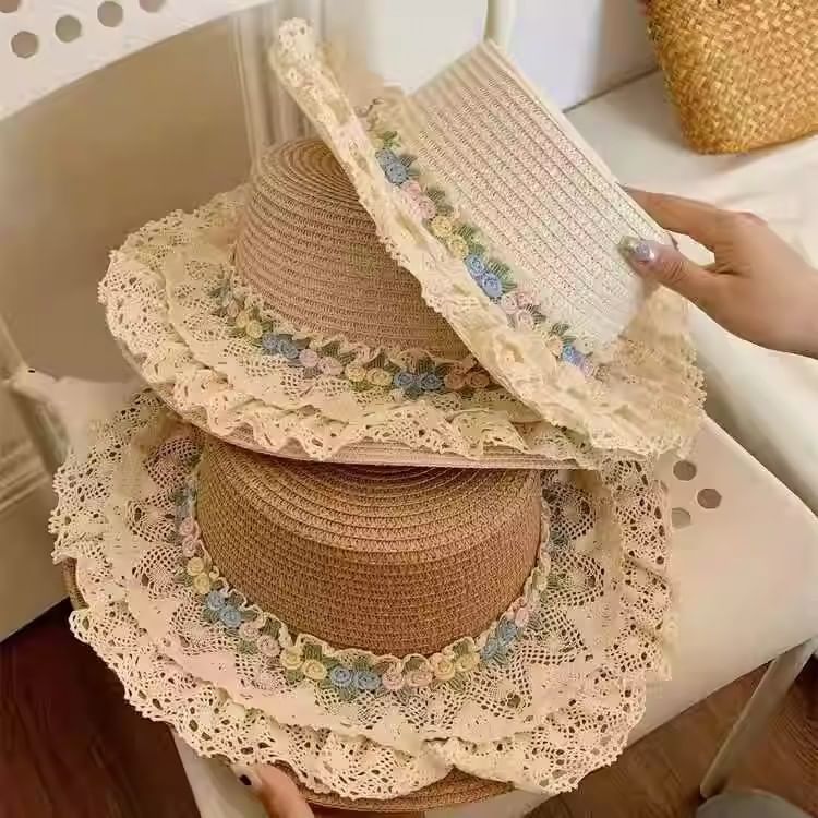 Straw Lace Floral Trim Hat