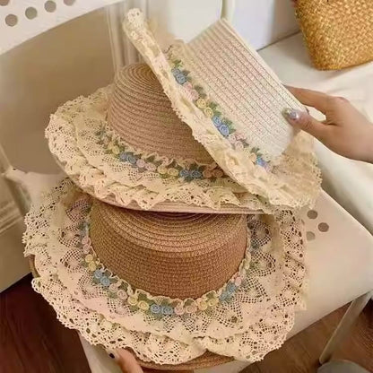 Straw Lace Floral Trim Hat