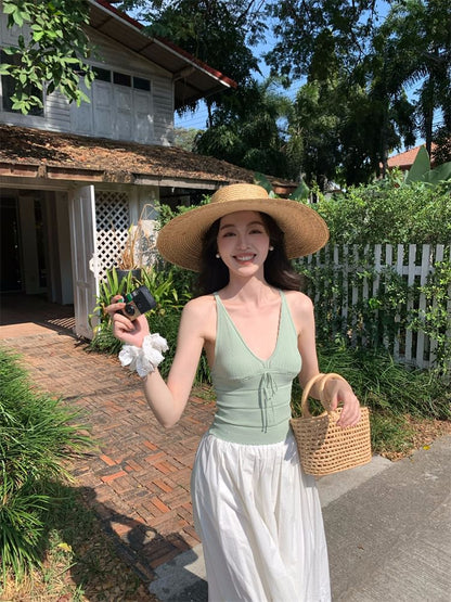 V-Neck Camisole Plain Neck Tie Top Spaghetti Strap