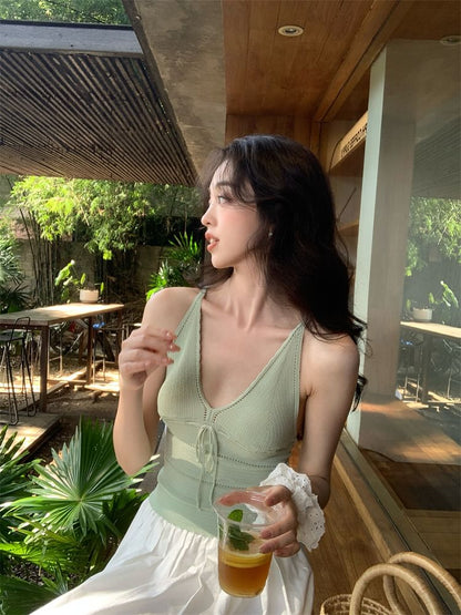 Strap Top Tie Neck Plain Camisole V-Neck Spaghetti