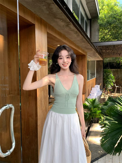 Strap Top Tie Neck Plain Camisole V-Neck Spaghetti