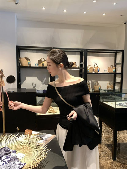 Off Plain Top Ribbed Shoulder Knit Short-Sleeve