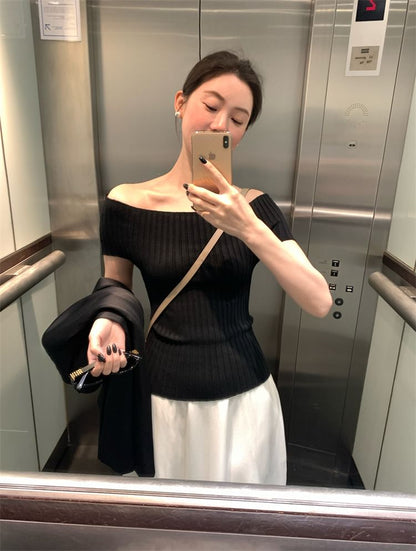 Short-Sleeve Shoulder Top Ribbed Knit Off Plain