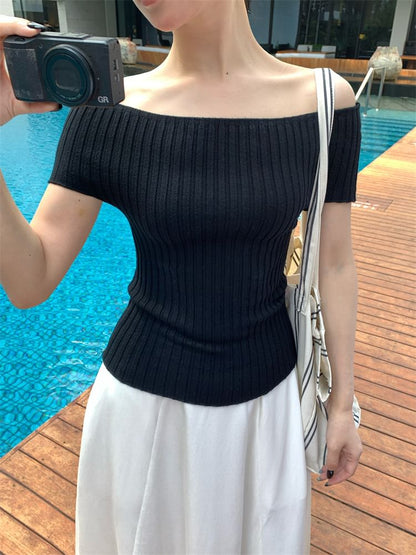 Short-Sleeve Shoulder Top Ribbed Knit Off Plain