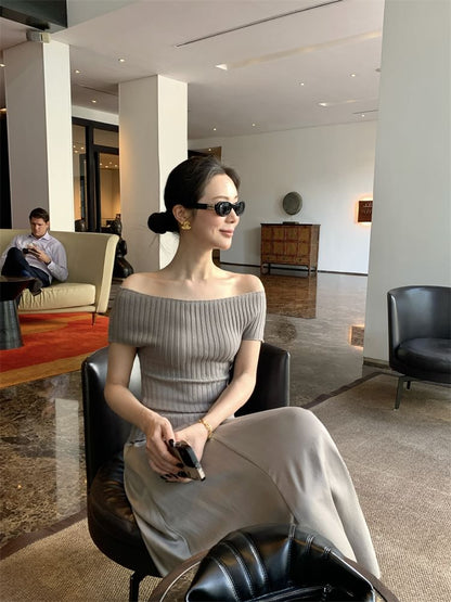 Off Plain Top Ribbed Shoulder Knit Short-Sleeve