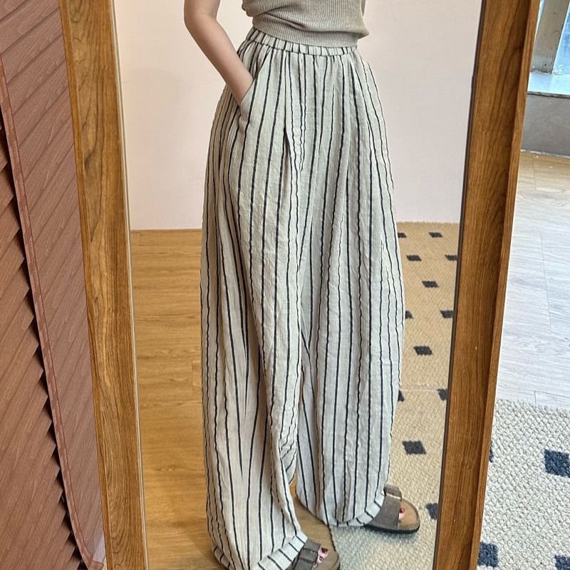 Striped Plain Leg Wide Waist High Pants