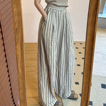 Striped Plain Leg Wide Waist High Pants