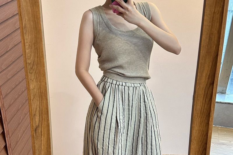 Striped Plain Leg Wide Waist High Pants