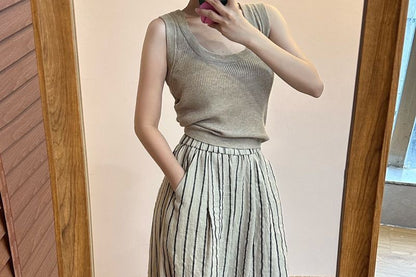 Striped Plain Leg Wide Waist High Pants
