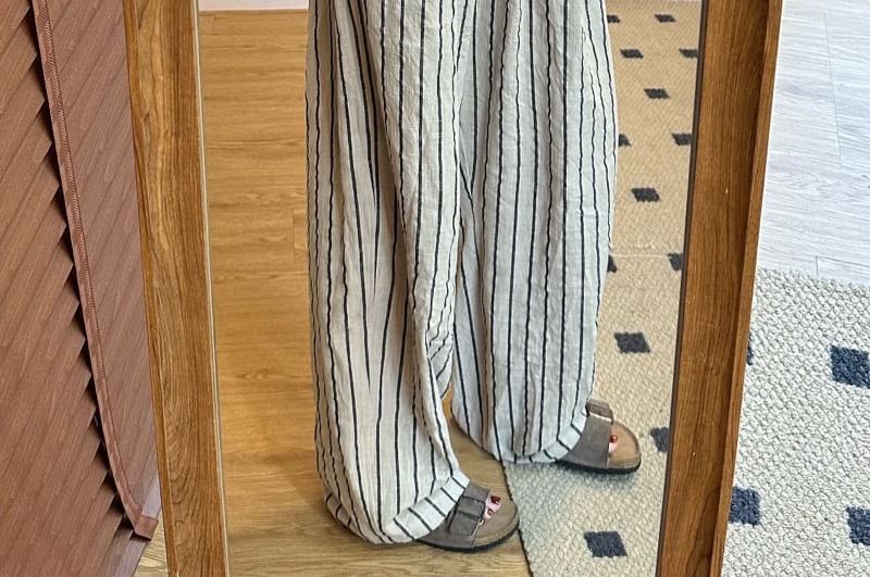 Wide Striped Pants Plain Leg High Waist