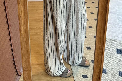Striped Plain Leg Wide Waist High Pants