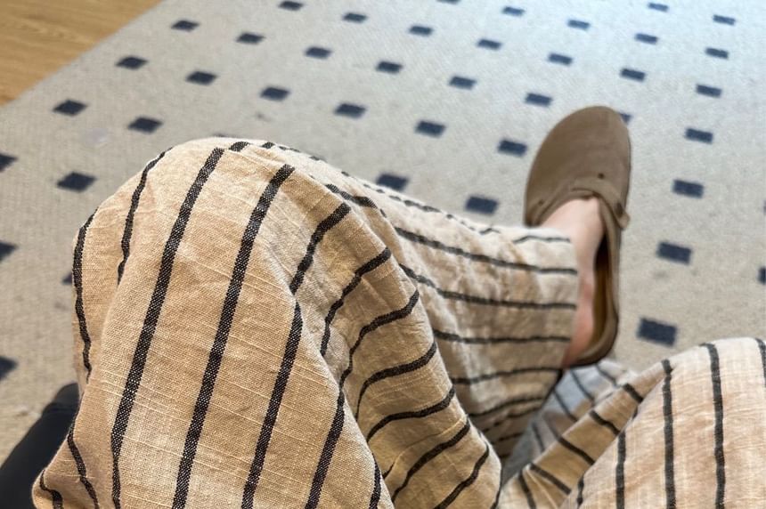 Wide Striped Pants Plain Leg High Waist