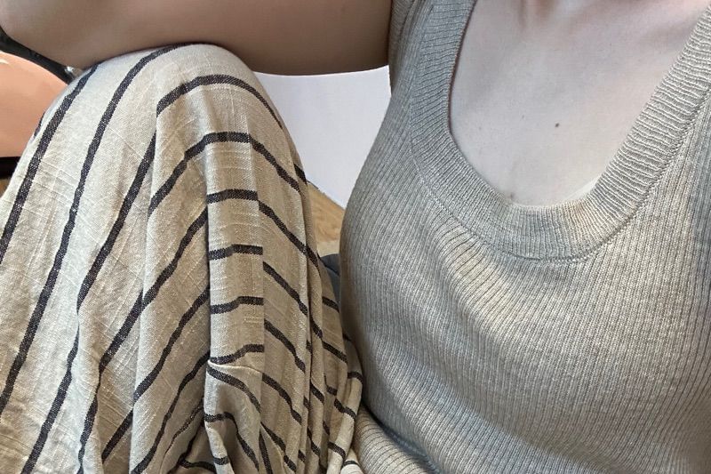 Striped Plain Leg Wide Waist High Pants