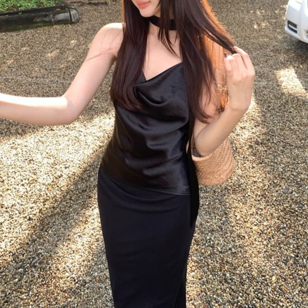 Strap Neck Plain Cowl Top Spaghetti Camisole