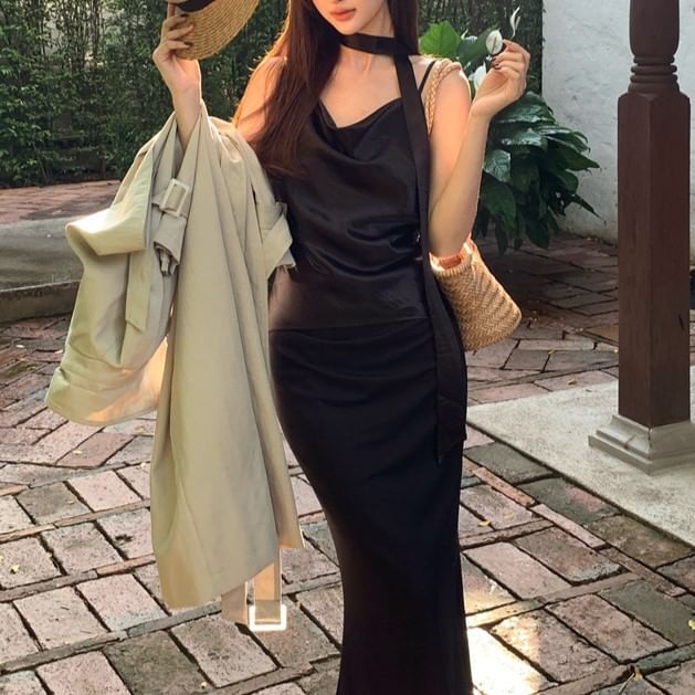 Strap Neck Plain Cowl Top Spaghetti Camisole