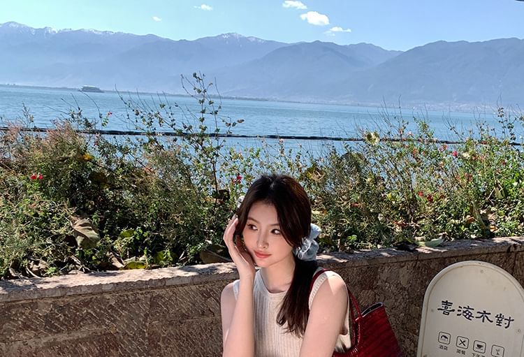 Crew Top Knit Sleeveless Plain Neck Ribbed