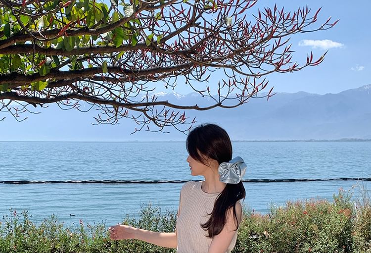 Ribbed Neck Plain Top Knit Sleeveless Crew