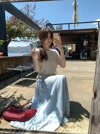 Knit Sleeveless Crew Top Plain Ribbed Neck