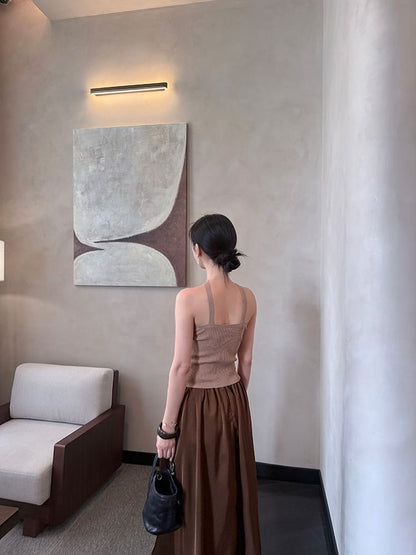 Plain Halter Ribbed Knit Top Neck