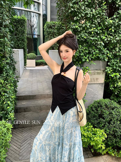 Plain Neck Camisole Crop Top Slit Halter