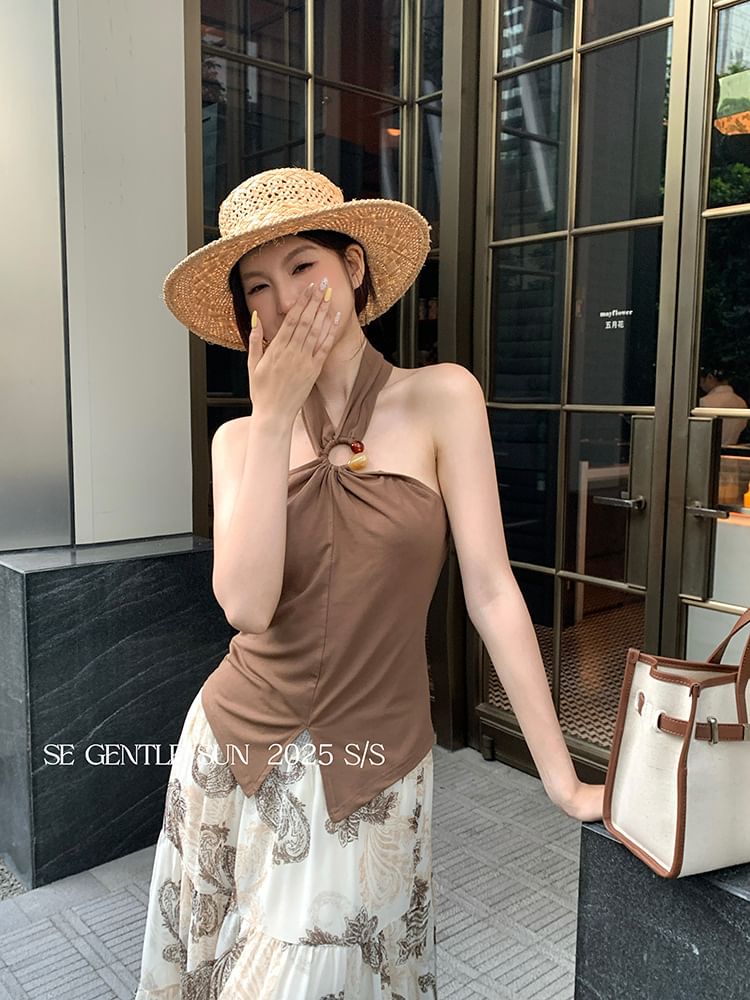 Slit Crop Neck Camisole Top Plain Halter