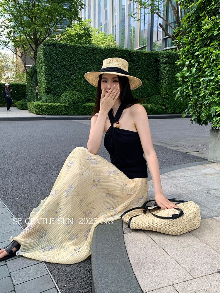 Slit Crop Neck Camisole Top Plain Halter