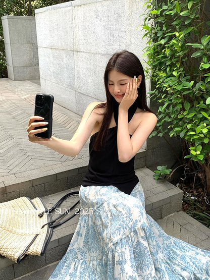 Slit Crop Neck Camisole Top Plain Halter