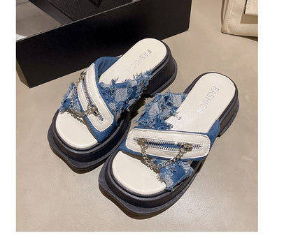 Detail Chain Cross Slide Zipped Sandals Strap Platform Heel Chunky