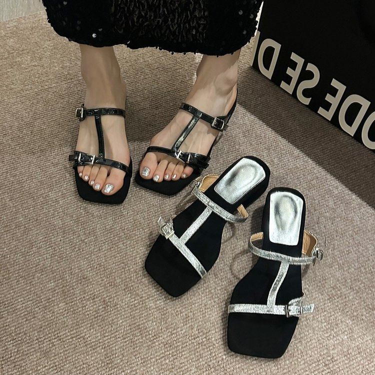 Chunky Strappy Heel Slide Sandals