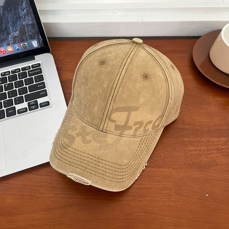 Lettering Washed Baseball Print Cap Distressed