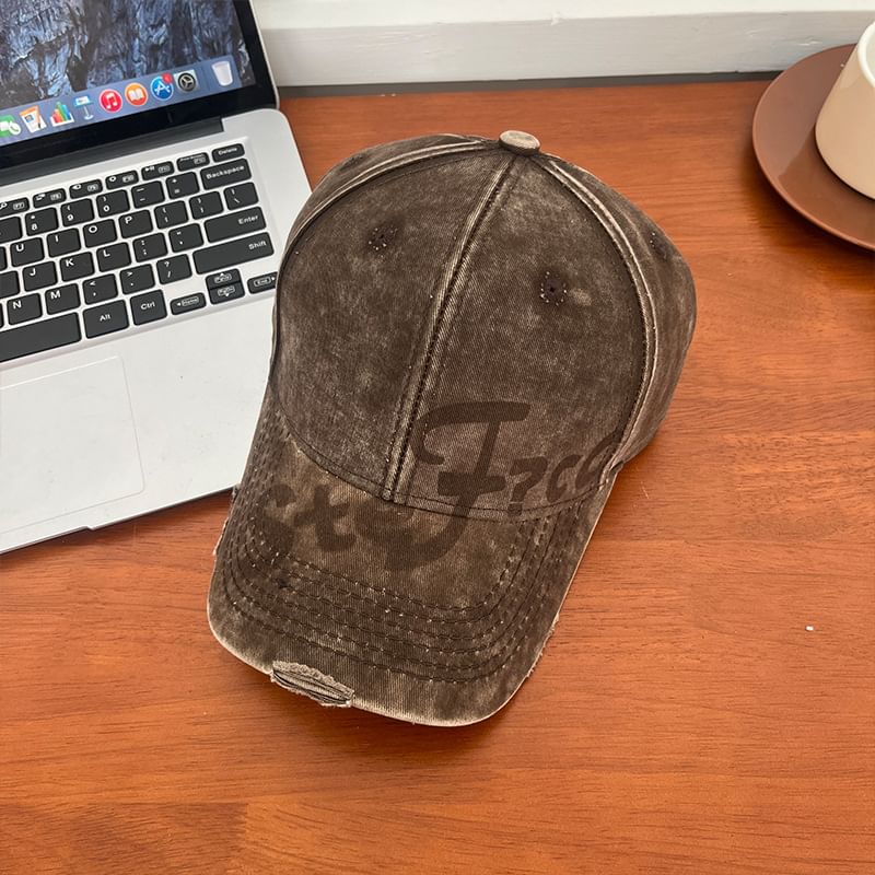 Lettering Washed Baseball Print Cap Distressed