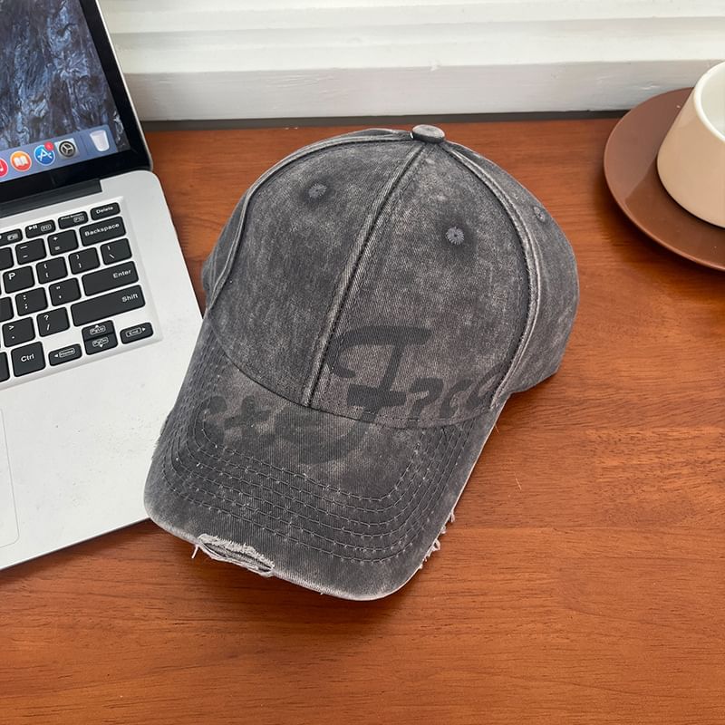 Lettering Washed Baseball Print Cap Distressed