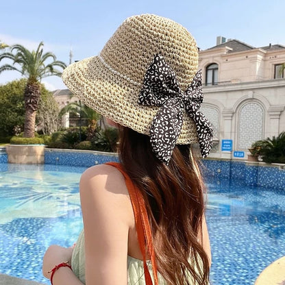 Bucket Straw Pearl Bow Hat Faux