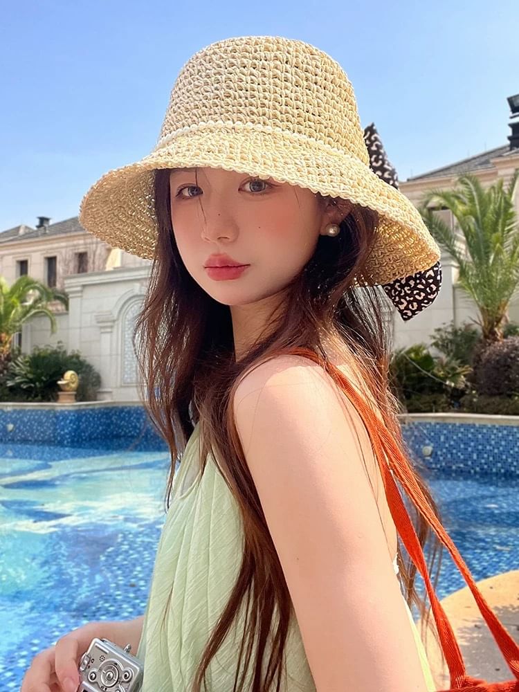 Bucket Straw Pearl Bow Hat Faux