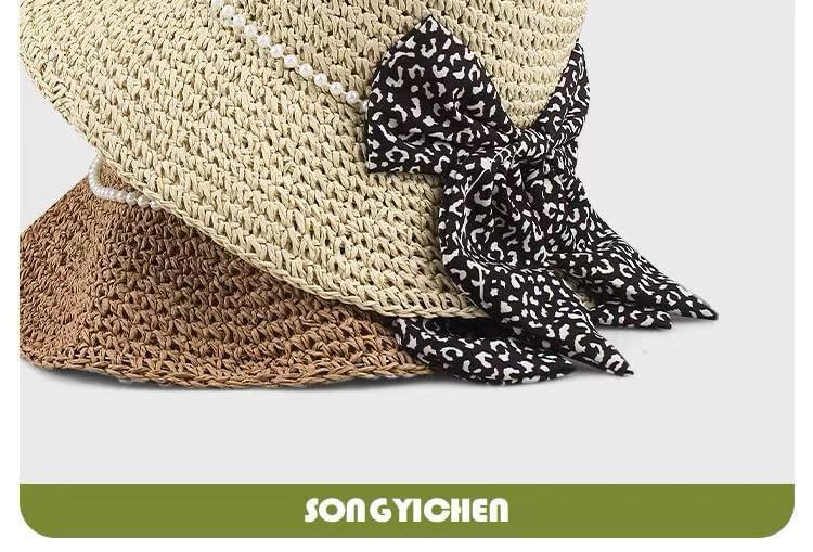 Bucket Straw Pearl Bow Hat Faux