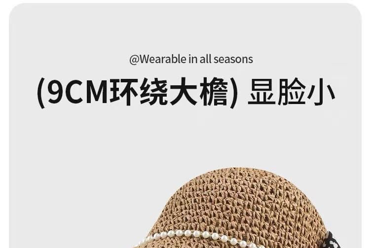 Bucket Straw Pearl Bow Hat Faux