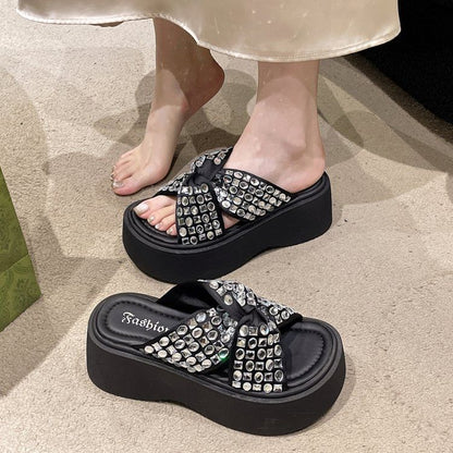 Sandals Rhinestone Platform Strap Cross