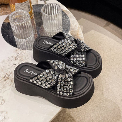 Sandals Rhinestone Platform Strap Cross