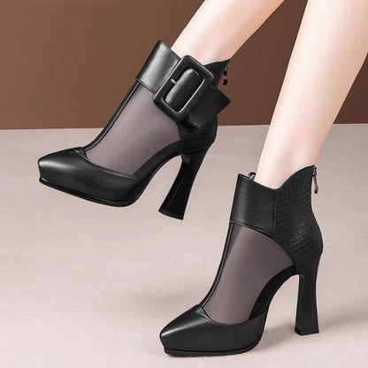 Platform Boots Mesh Toe Panel Pointed Buckled Short