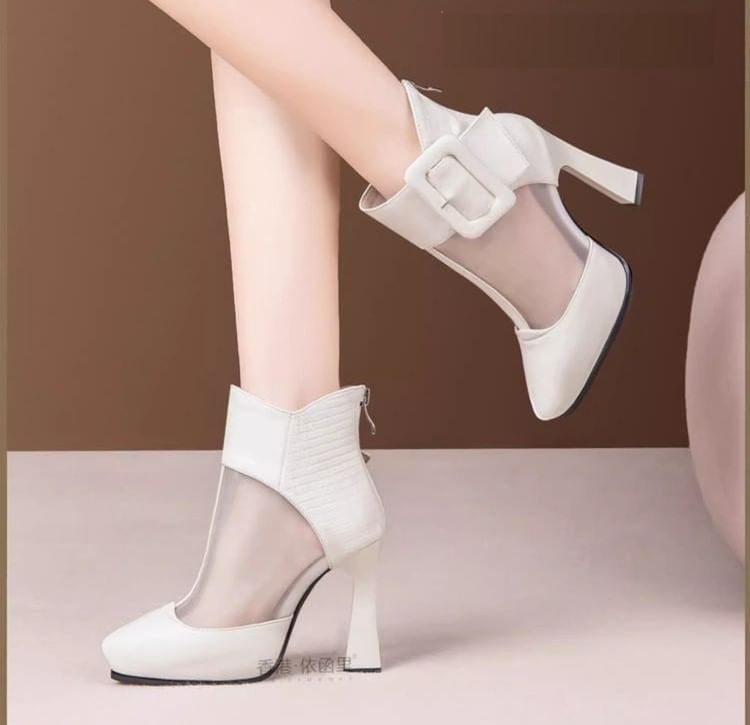 Platform Boots Mesh Toe Panel Pointed Buckled Short