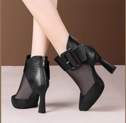 Platform Boots Mesh Toe Panel Pointed Buckled Short